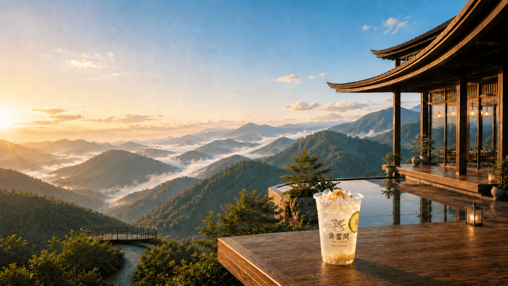 Qing Yun Jian Luna Tide sparkling tea Luna Tide sparkling tea on a wooden terrace overlooking the mountains